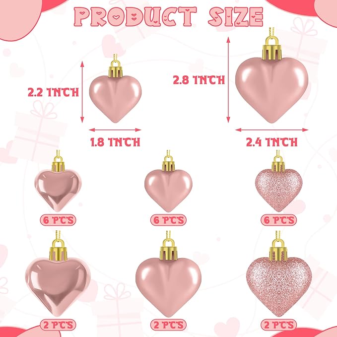 24PCS Valentines Day Heart Ornaments, Rosegold Heart Shaped Ornaments, 2 Sizes Heart Hanging Ornaments, Glossy Heart Baubles Hanging Decorations for Valentine's Day Wedding Anniversary Party Decor