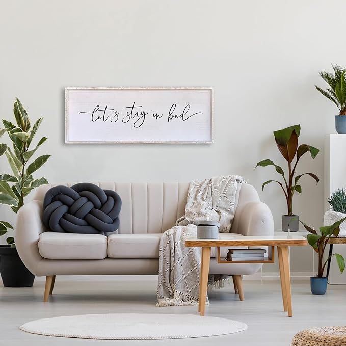 Surfapans Lets Stay In Bed Wall Decor 40”X15” Large Farmhouse Master Room Above Over Bed Rustic Guest Room Sign Beautiful And Simple Plaque Hanging Wall Art Decoration (White)
