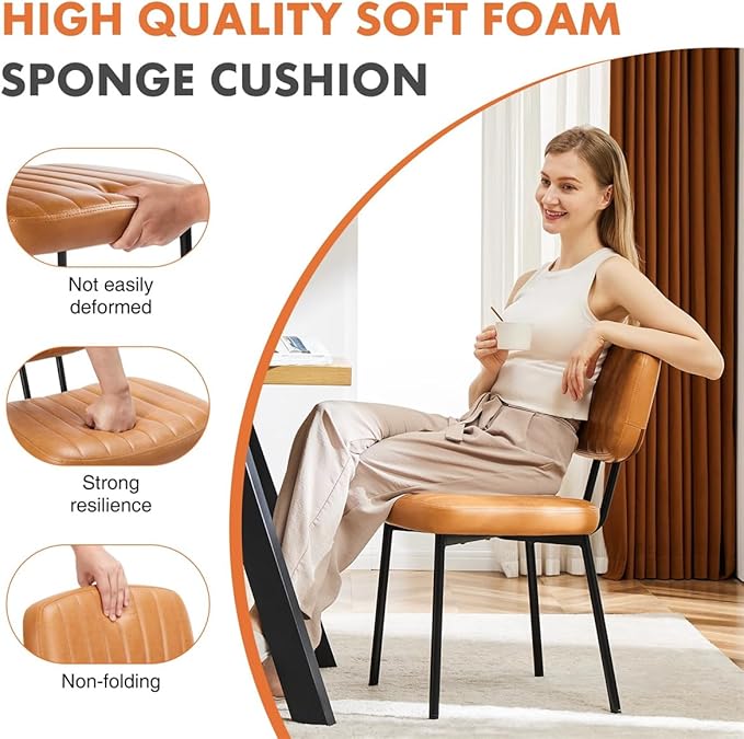 Dining Chairs Set of 2, Mid Century Modern Upholstered Kitchen Chair with PU Leather Cushion Seat & Metal Legs for Home/Living Room/Bedroom/Office-Brown