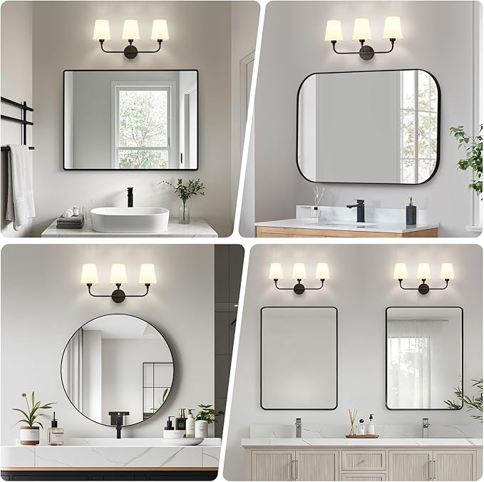 Kvhilw Bathroom Vanity Light, Matte Black Bathroom Light Fixtures, 3-Light Lighting Fixtures Over Miror, Modern Wall Sconce with Flared White Fabric Shade, E26 Socket(ETL Listed)