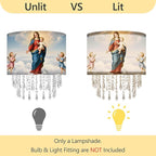 Madonna & Child Lamp Shade with Acrylic Bead Droplets, Drum Fabric Light Shade for Ceiling Pendant Table & Floor Lamps, Religious Catholic Christian Church Prayer, 11.8in