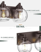 Bathroom Light Fixtures Over Mirror, 3-Light Oil Rubbed Bronze Vanity Light with Clear Glass Globe Shade, Modern Sconces Wall Lighting, Bathroom Wall Lights for Bedroom Hallway, VL195-ORB-3