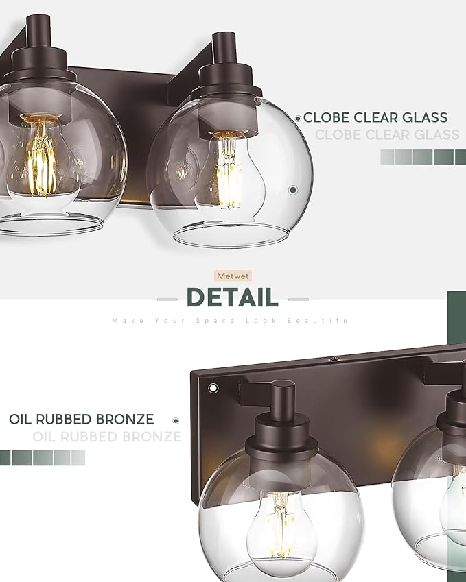 Bathroom Light Fixtures Over Mirror, 3-Light Oil Rubbed Bronze Vanity Light with Clear Glass Globe Shade, Modern Sconces Wall Lighting, Bathroom Wall Lights for Bedroom Hallway, VL195-ORB-3