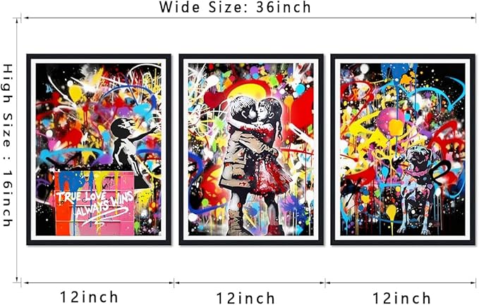 Novatique Graffiti Canvas Wall Art Banksy Art Wall Decor Colorful Graffiti Print Pictures Modern Teen Painting for Living Room Bedroom,12" x 16" x 3Pcs