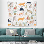 VUMIVI Cute Cat Tapestry Kids Hand-Painted Doodles Colorful Illustrations Potted Plants Paw Prints Tapestry Wall Hanging for Living Room Bedroom Dorm Classroom Aesthetic Decor W60xL50in