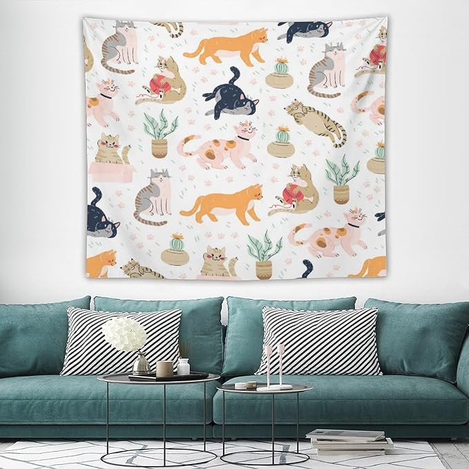 VUMIVI Cute Cat Tapestry Kids Hand-Painted Doodles Colorful Illustrations Potted Plants Paw Prints Tapestry Wall Hanging for Living Room Bedroom Dorm Classroom Aesthetic Decor W60xL50in