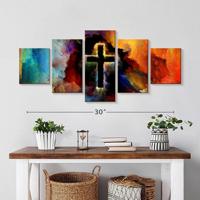 Elephant Stock Colorful Cross Wall Art Multi Piece Canvas - 5 Panel Christian Pictures Decor - Digital Design Canvas Print - Christian Wall Decor - 36" X 15"