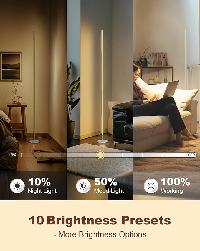 TACAHE Minimalist Corner Floor Lamp - 2700K-6500K Dimmable LED Night Light - Modern Standing Mood Lamp with Remote Control for Living Room, Bedroom - 57" 12W - Silver - 1Pack