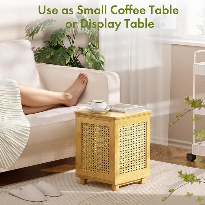 End Table for Living Room, Small Side Table with Storage, Bamboo Rattan Weave with Removable Cushion Top, Multifunctional Nightstand Ottoman Footrest Seat & Organizer for Bedroom, Office
