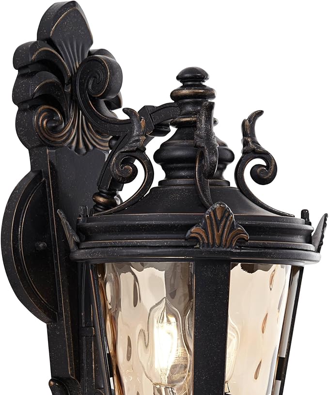 John Timberland Casa Marseille European Outdoor Wall Light Fixture Bronze Scroll 21 3/4" Champagne Hammered Glass for Exterior House Porch Patio Outside Deck Garage Front Door Garden Home