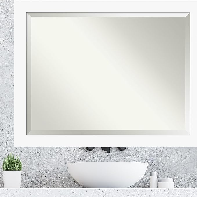 Amanti Art White Wall Mirror 35x45 Basic White Rectangle Bathroom Mirror for Wall Decor Living Room, X-Large Casual Wood Frame, Hangs Horizonally and Vertically, Bathroom Decor, Beveled Edge
