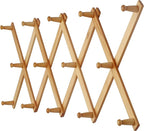 Dseap Accordian Wall Hanger: 16” High Wooden Wall Expandable Coat Rack, Hat Rack Holder, Accordion Hook for Baseball Caps, Coats, Mugs, 14 Peg Hooks, Natural