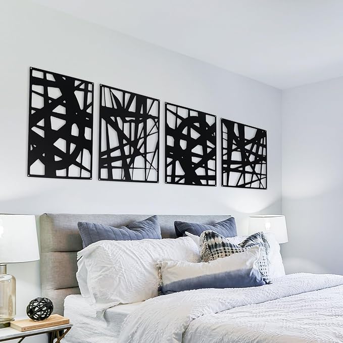Bdor Decorative Metal Panels, Set of 4, 10.98" x 15.94", Modern Geometric Design, Black Metal Wall Art, Room Dividers, Architectural Elements for Home and Office Décor