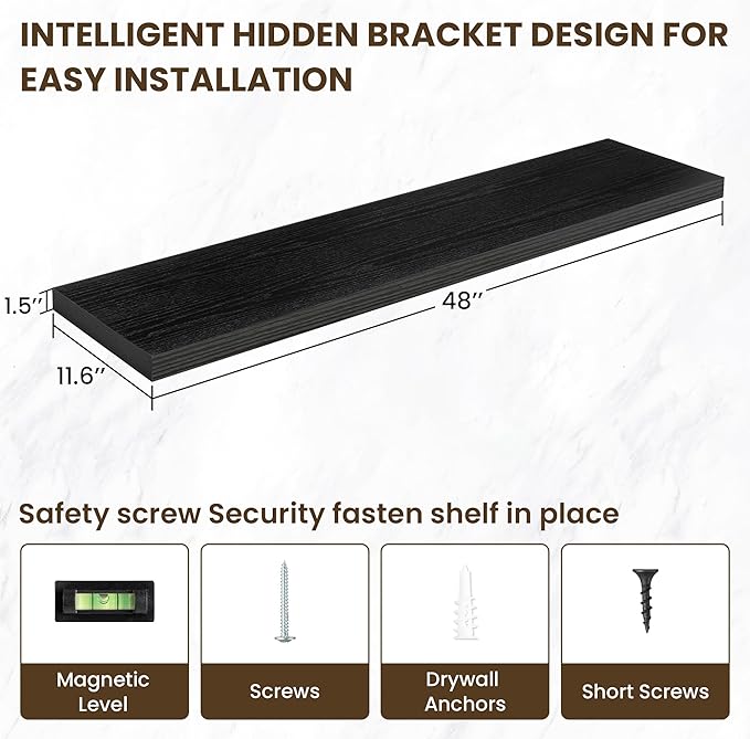 48 Inch Floating Shelves, 12 Inch Deep Floating Shelves for Wall, Floating Shelf with Invisible Brackets, Deep Shelves for Bathroom, Bedroom, Living Room, 1 Pack, Black