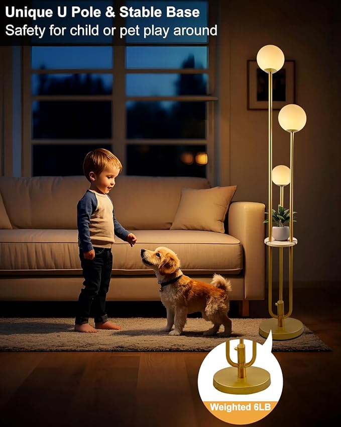 Lightdot Gold Globe Floor Lamp 3-Lights Dimmable Floor Lamps with Tray& Bulbs Included Unique Floor Lamp Candle Holder Style Modern Standing Lamps for Living Room/Bedroom//Sofa Beside/Corner Decor