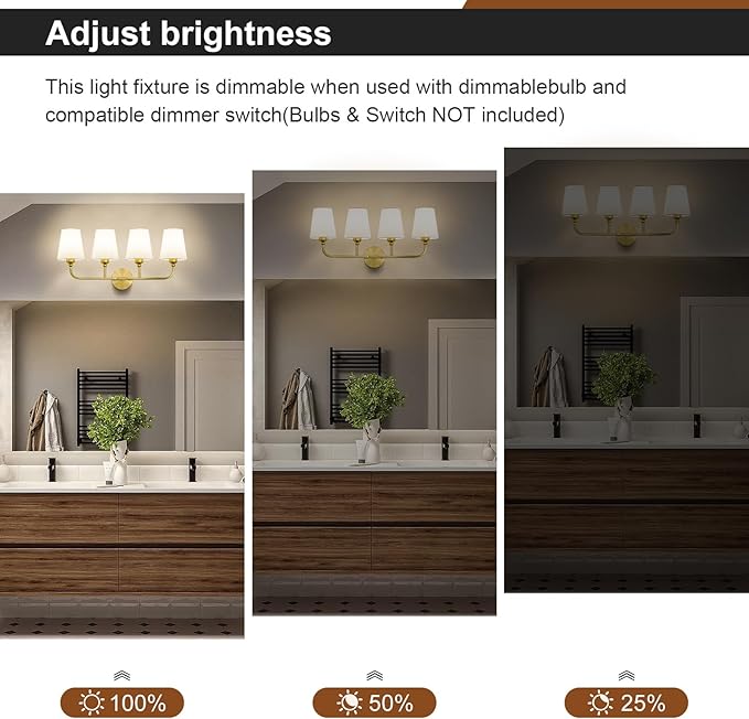 Kvhilw Bathroom Vanity Light, Brushed Gold Bathroom Light Fixtures, 4-Light Lighting Fixtures Over Miror, Modern Wall Sconce with Flared White Fabric Shade, E26 Socket(ETL Listed)