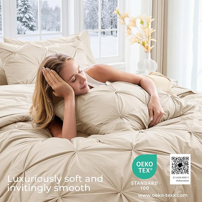 Sasttie Full Size Comforter Set, 7-Piece Bed in a Bag Double, Pintuck Bedding Set for All Season, Includes Comforter, Flat Sheet, Fitted Sheet, Pillowcases and Pillowshams, Warm Beige