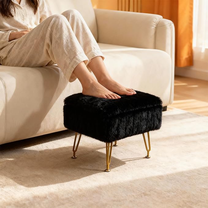 ACEQLYT® Small Foot Stool Ottoman with Storage, Foot Rest for Couch and Chair, Black Faux Fur Storage Ottoman with Gold Metal Legs and Padded Seat