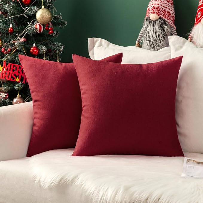 MIULEE Pack of 2 Decorative Outdoor Solid Waterproof Throw Pillow Covers Christmas Faux Linen Garden Farmhouse Cushion Cases for Patio Tent Balcony Couch Sofa 16x16 Inch Wine Red