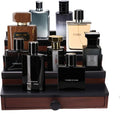 Cologne Organizer for Men - 4 Tier Brown Black Wooden Cologne Display Stand with Drawer and Hidden Compartment, Mens Cologne Holder Shelf for Organizing and Storing