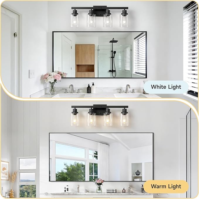 4-Light Bathroom Vanity Light, Modern Matte Black Wall Sconce Lighting with Clear Glass Shade, Bathroom Lighting Fixtures Over Mirror,Vintage Wall Mounted Lamps for Mirror Bedroom,Living Room