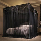 VETHIN 4 Corners Post Ruffle Princess Bed Canopy Curtain-Double Layer Cozy Drape Netting 4 Opening Mosquito Net for Girls Adults Bedroom Decoration (Double-Black,78" W*86" L*82"*H/King)