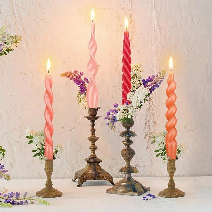 Nuanchu 4 Pcs 7.87 Inch Twisted Taper Candles Wax Unscented Smokeless Spiral Swirl Candlesticks for Wedding Holiday Dinner Party Home Decorations (Pink)