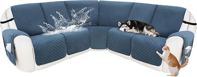 Recliner Sofa Covers 100% Waterproof Velvet L Shape Recliner Couch Covers for Sofa Pets Washable Anti Slip Recliner Slipcovers with Pockets (5 Seat Sofa, Dark Blue)
