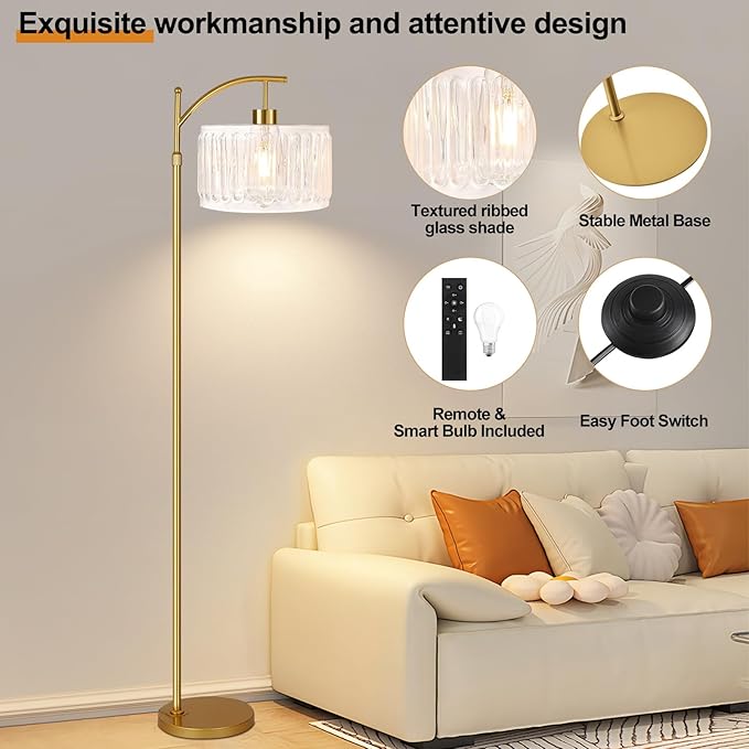 Glass Floor Lamp for Living Room,Bedroom,Gold Dimmable Standing Lamp with Remote,Brass White Tall Lamp Boho Mid Century Modern Floor Lamps Arc Floor Light Lamp Girls Kids Bohemian