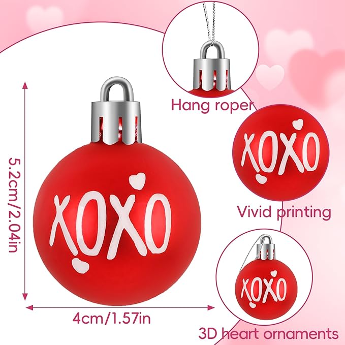 JULMELON 24 Pcs Valentine's Day Ball Ornaments, Red Pink White Heart Decorations with Letters, Plastic Hanging Orbs for Tree Party Supplies Valentine's Day Party Decor