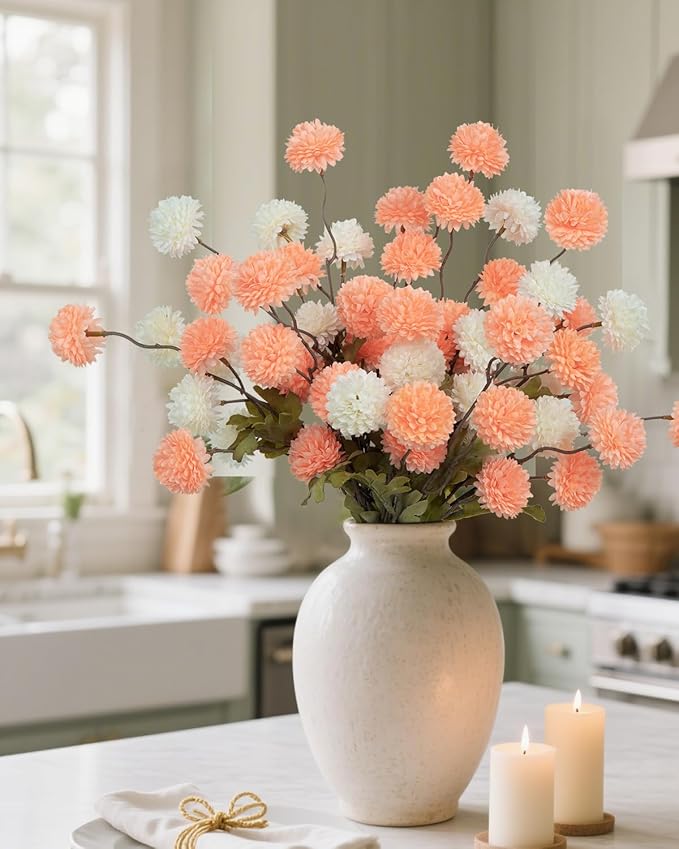 DuHouse 6pcs Artificial Flowers Faux Silk Pompon Mum,Silk Small Mini Chrysanthemum Ball with Stems for DIY Wedding Bouquets Centerpieces Vase Home Table Kitchen Decorations(Peach Fuzz)