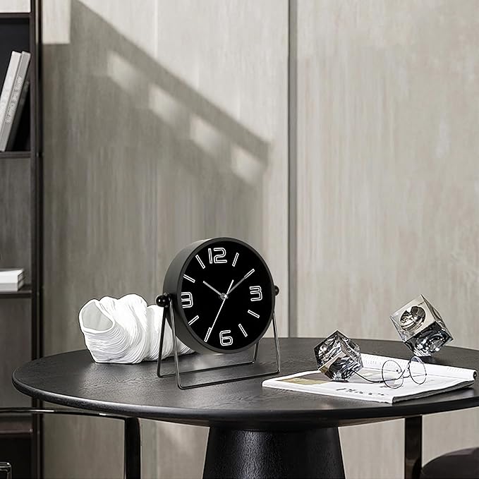 QIYAODECO® Vintage Metal Desk Clock for Bedroom, with Adjustable Angle Ticking Small, Battery Operated Mantel Bedside Clock, Decorative Table, Old Fashioned Style Black Decor, Adult Kid Gift, Black