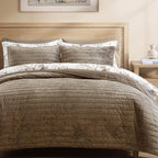 WRENSONGE Velvet Queen Quilt Set-3 Pieces Taupe Oatmeal Luxurious Velvet Striped Channel Comforter with 2 Shams, Soft Bedspread Coverlet Quilted Bedding Set for All Season