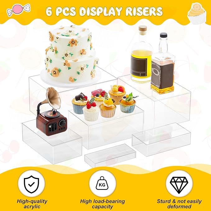 Leinuosen 6 Pcs Large Buffet Risers, 7 to 12 Inch Catering Dessert Table Risers Food Decorative Stands with hollow bottom for Catering Supplies, Party(Clear, Rectangle)
