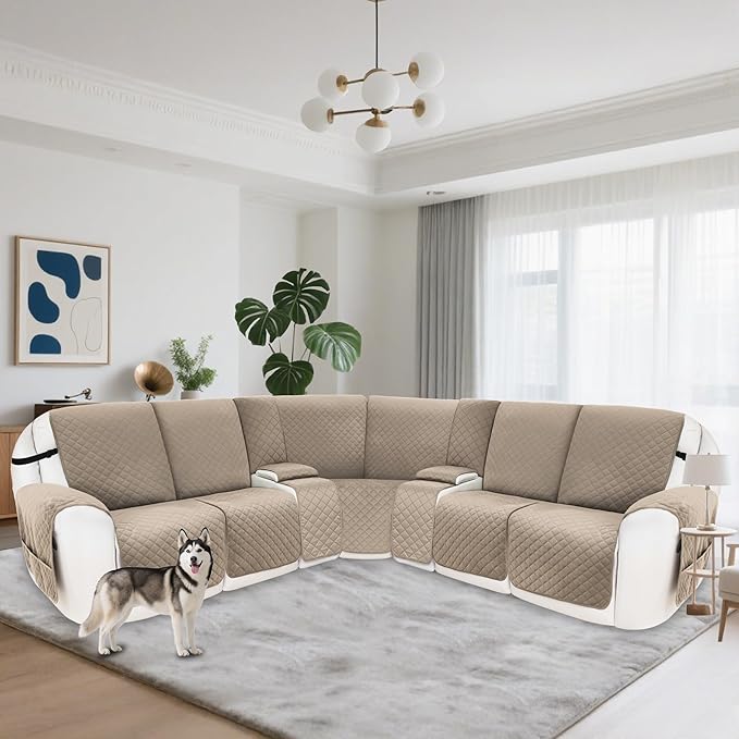 Recliner Sofa Covers 100% Waterproof Velvet L Shape Recliner Couch Covers for Dogs Pets Washable Anti Slip Recliner Slipcovers with Pockets (5 Seat Sofa with 2 Console, Khaki)