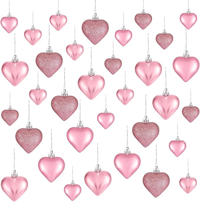 Skylety 30 Pieces Valentine's Day Heart Ornaments, Heart Shaped Decorations Tree Hanging Baubles for Valentine Wedding Anniversary, 3 Styles 2 Size (Pink)