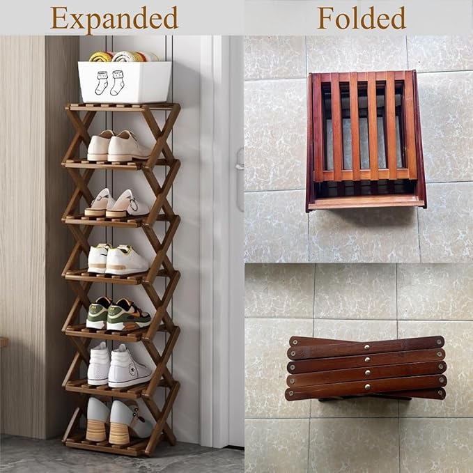 Foldable Shoe Rack, Bamboo Vertical Shoe Organizer Tall for Small Spaces. Multifunctional Narrow Shoe Shelf for Entryway, Closet, Corner, Bedroom, Hallway, Brown Color 4 Layers