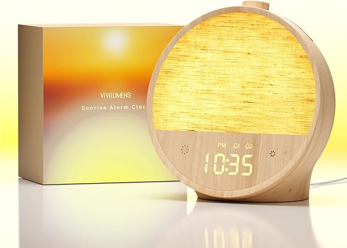 Vivilumens Wood Grain Sunrise Alarm Clock, Gentle Wake-Up Light Sound Machine, Dual Alarms for Heavy Sleepers, Natural Sounds, RGB Mood Light, Dimmable Bedside Night Lamp, Ideal for Bedroom & Gifts