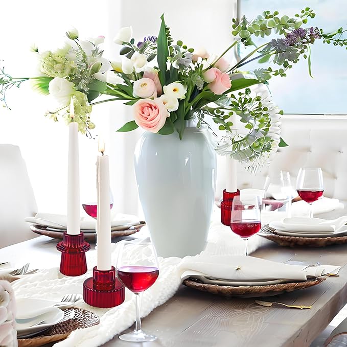 Double Sided Vintage Ribbed Taper Glass Candle Holders,Tea Candle Holder for Table Centerpieces, Wedding Decorations and Dinner Parties (Red, 3 PCS)