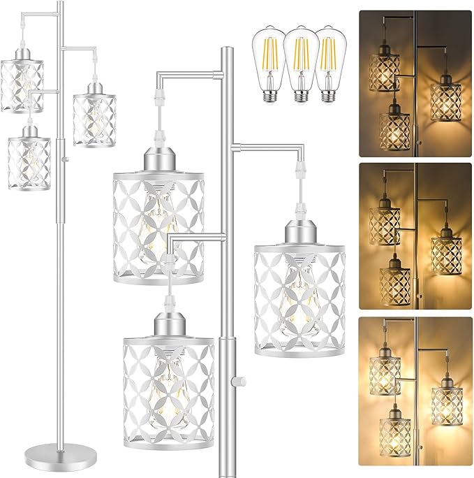 【Upgraded】72" Tall Dimmable Floor Lamp, Modern Standing Lamp with Elegant Metal Cage, Industrial Tree Floor Lamps for Living Room, Bedroom, Study Room, Office (3 x 800LM LED Bulbs Included) - Silver