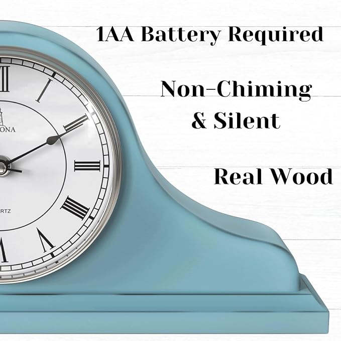 Mantel Clock Battery Operated - Wooden, Rustic Teal Mantle Clock for Living Room Decor Above Fireplace Mantel, Office, Shelf & Home Décor Gift 15x7.5 - Silent Wood Mantel Clock for Living Room Table