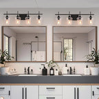 Modern Glass Vanity Light Fixture,4 Light Industrail Black Metal Vanity Light for Bathroom Bedroom Living Room