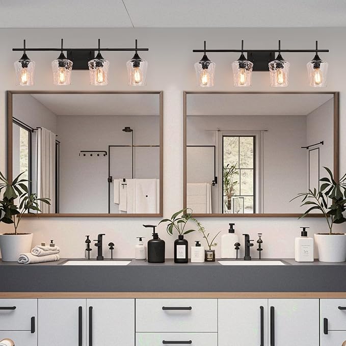 Modern Glass Vanity Light Fixture,4 Light Industrail Black Metal Vanity Light for Bathroom Bedroom Living Room