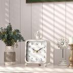 Vintage White Table Clock on Stand, Desk and Shelf Decor Clock, French Rustic Style Mantel Clocks for Farmhouse, Living Room, Bedroom, Bedside, Gift (8.5" H x 5.5" W)