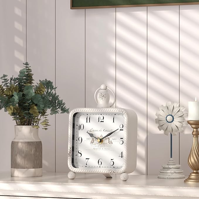 Vintage White Table Clock on Stand, Desk and Shelf Decor Clock, French Rustic Style Mantel Clocks for Farmhouse, Living Room, Bedroom, Bedside, Gift (8.5" H x 5.5" W)