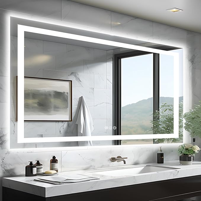 50"x32" LED Lit Bathroom Mirror, Front and Backlit LED Mirror, Anti-Fog Bathroom Mirror with Lights, 3 Colors Stepless Dimmable Mirror, Touch Sense (Horizontal/Vertical)