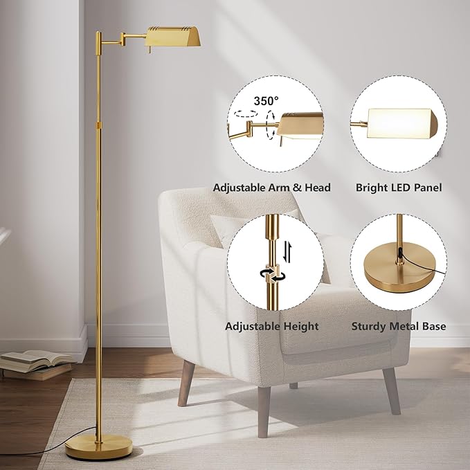 SUNMORY Dimmable LED Pharmacy Floor Lamp, 16W/1500LM Bright Reading Floor Lamp with Remote & Touch Control, 350°Swing Arm, Adjustable Task Craft Standing Lamp for Living Room Bedroom Office, Gold