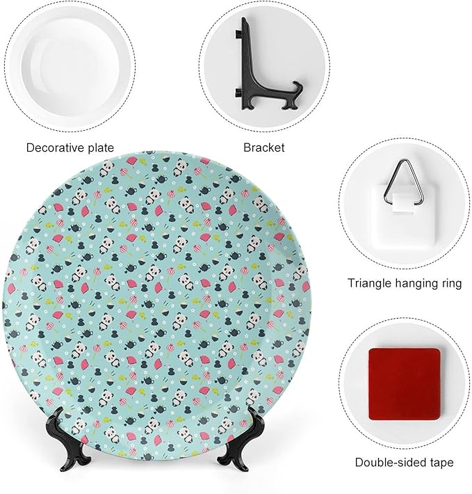 Ceramic Plates, Asian Decorative Ceramic Plates, Panda Bears Koi Fishes Chopsticks Tea, 7 Inch, Household Plates Decorative, Multicolor