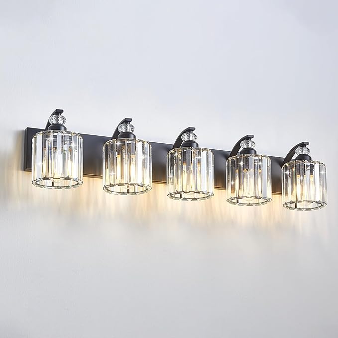 5-Light Black Bathroom Light Fixture Modern Vanity Lights Over Mirror Vintage Wall Sconce Lighting for Bathroom, Bedroom, Living Room, Hallway E26 Base with Crystal Bathroom Vanity Light