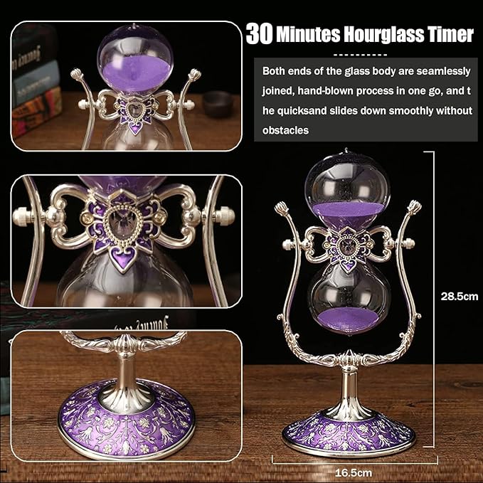 Sanduhr 30 Minuten,Hour Glass,360° flip Metal Vintage Hourglass,Hourglass Decor,for Home Decoration Office Desk Wedding Party Decor Kitchen Timer (Purple Sand)